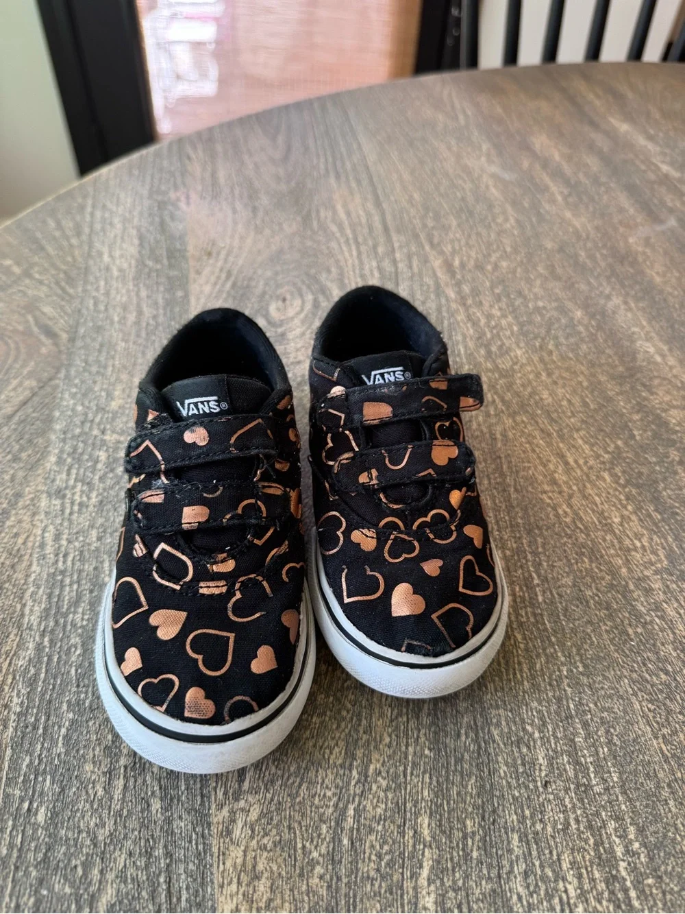 Vans Kids Black Sneakers with Rose Gold Heart Print